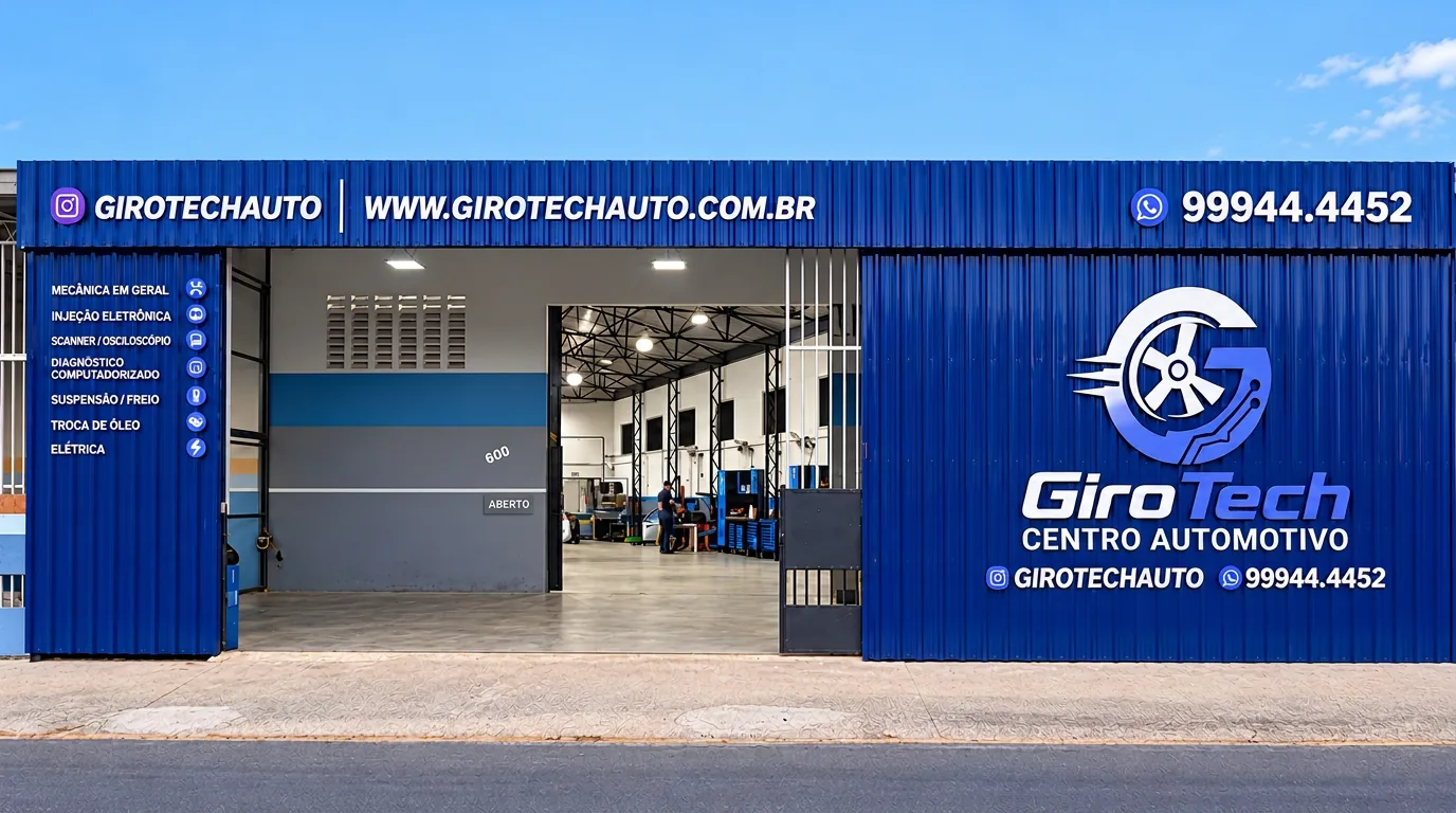 Fachada da GiroTech Auto Center na Avenida Luis Vieira, 600, com a entrada da oficina aberta e o letreiro azul da marca